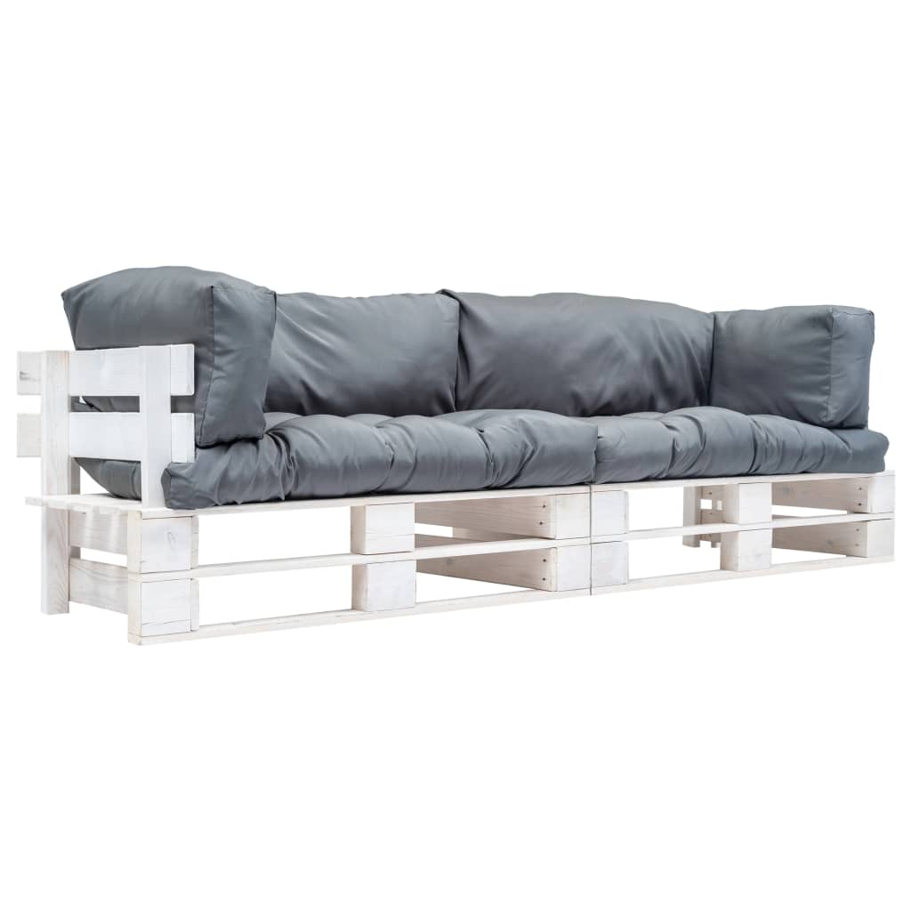 2-dijelni vrtni set sofa od paleta sa sivim jastucima borovina