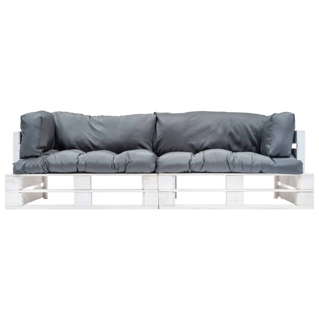 2-dijelni vrtni set sofa od paleta sa sivim jastucima borovina