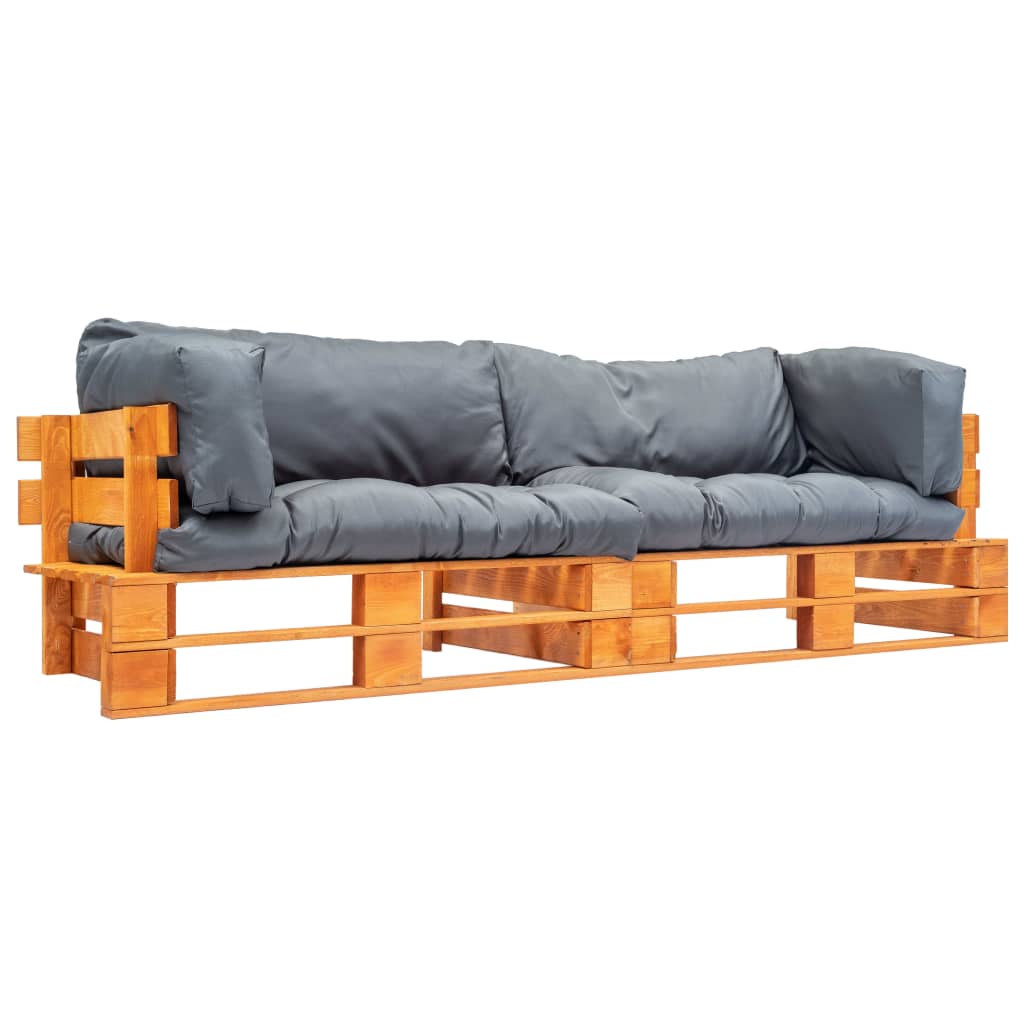 2-dijelni vrtni set sofa od paleta sa sivim jastucima borovina