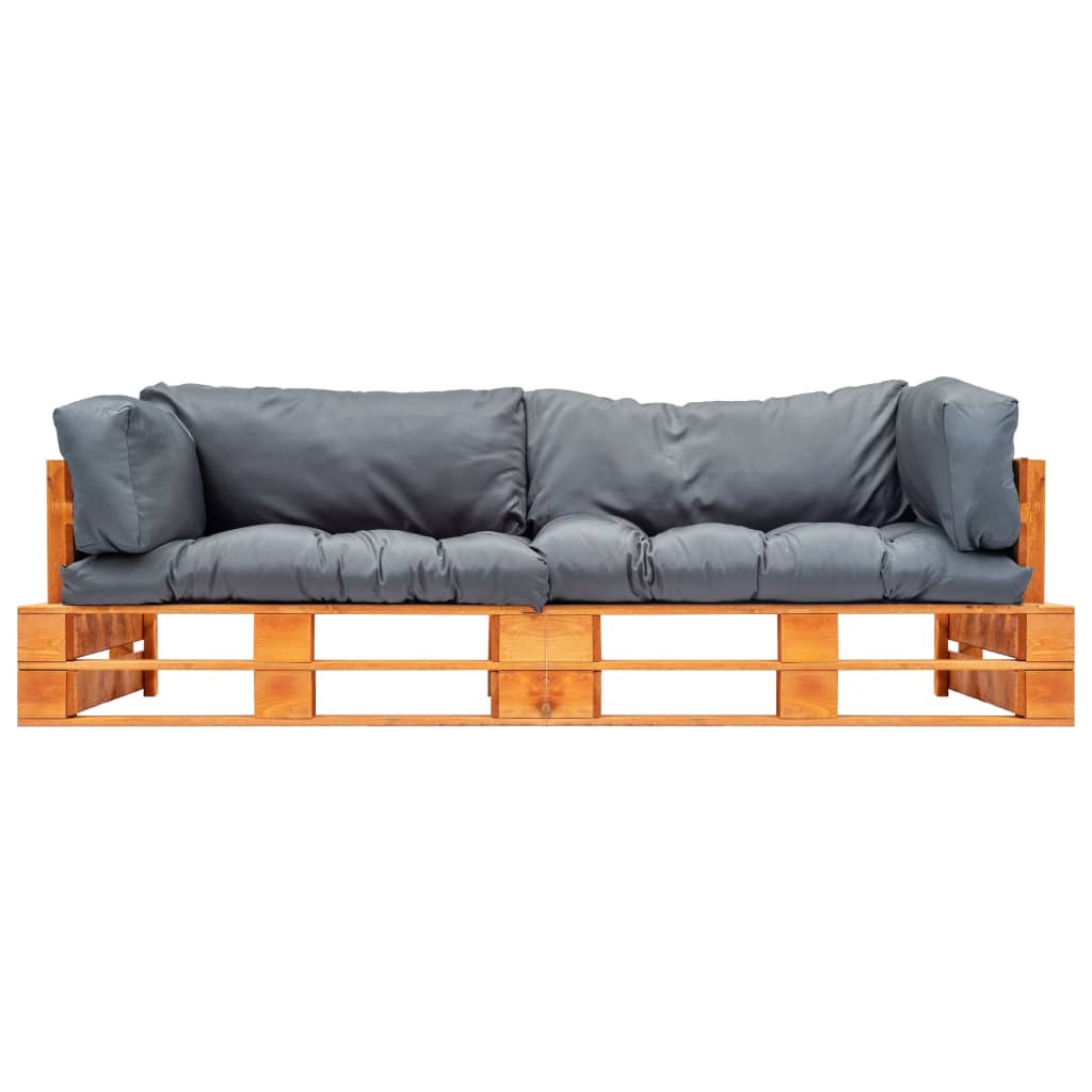 2-dijelni vrtni set sofa od paleta sa sivim jastucima borovina