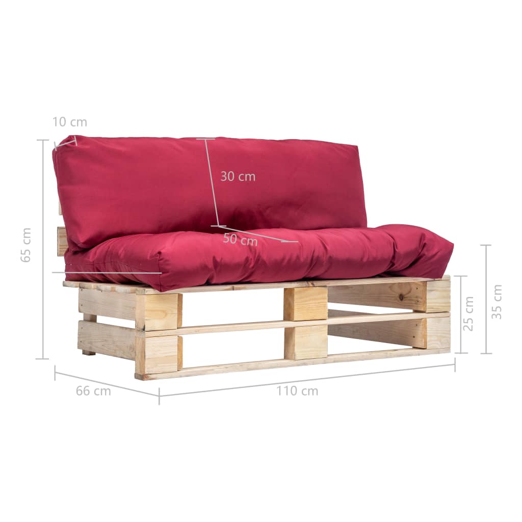 Vrtna sofa od paleta od borovine s crvenim jastucima