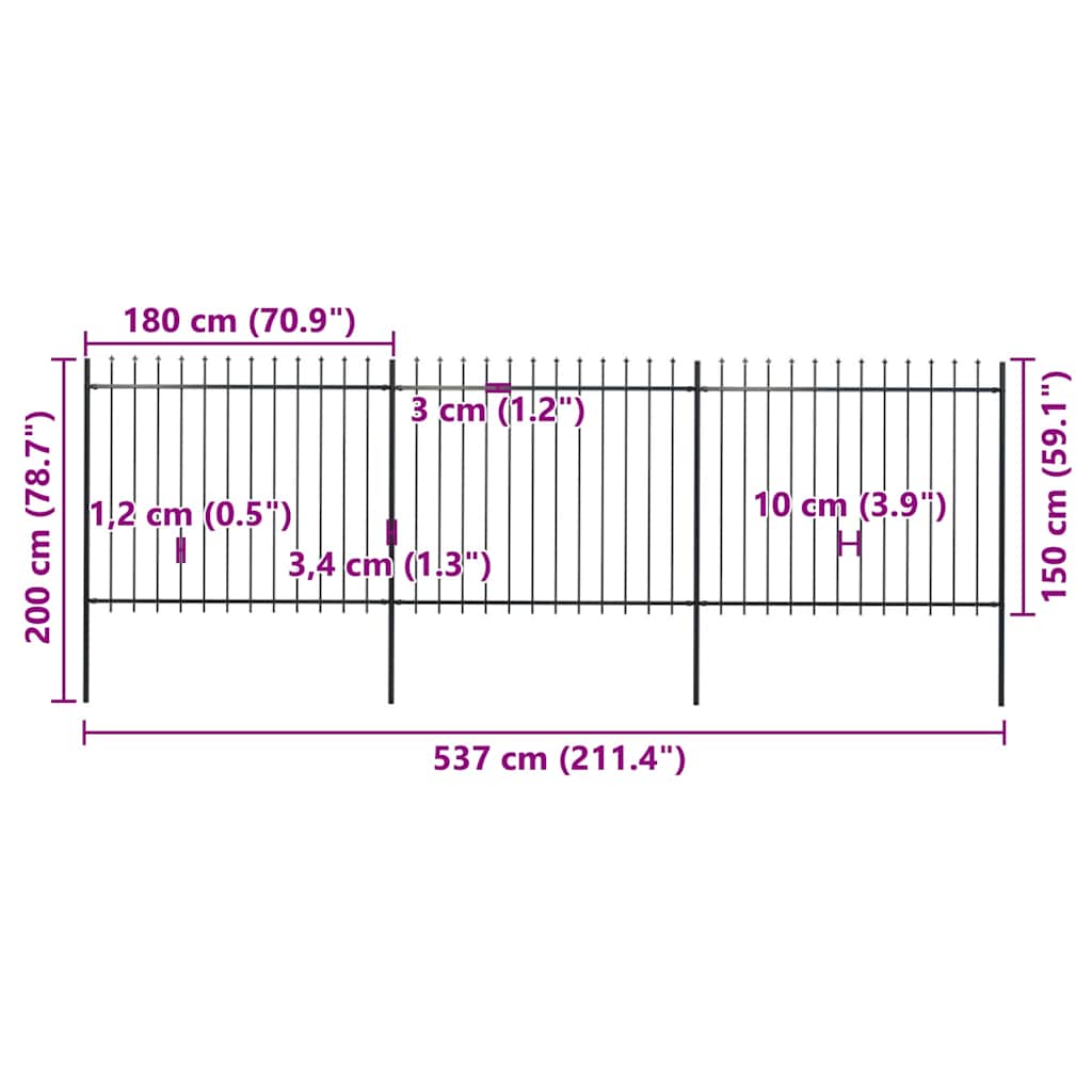 Vrtna ograda s vrhom koplja Čelik 537x150 cm Crna