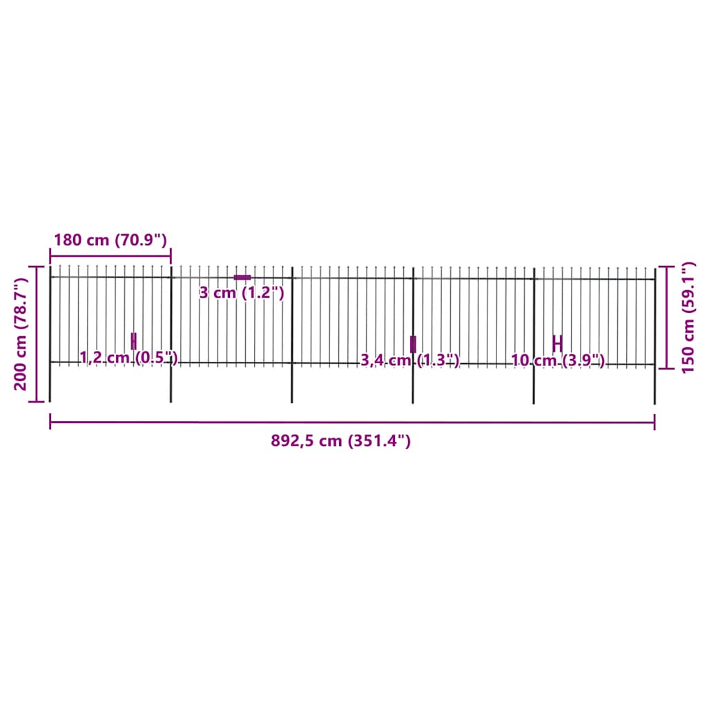 Vrtna ograda s vrhom koplja Čelik 892,5 x 150 cm Crna