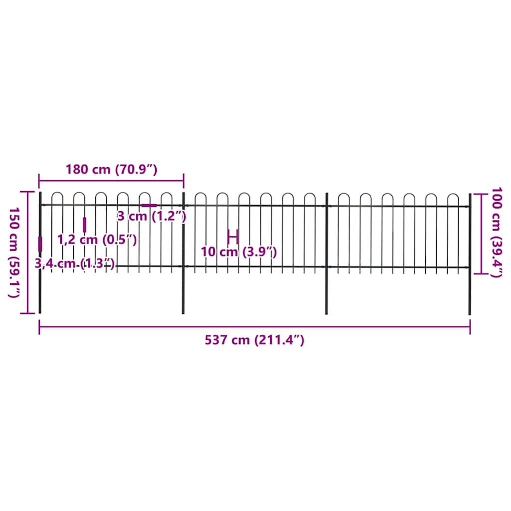 Vrtna ograda s obručem na vrhu Čelik 537x100 cm Crna
