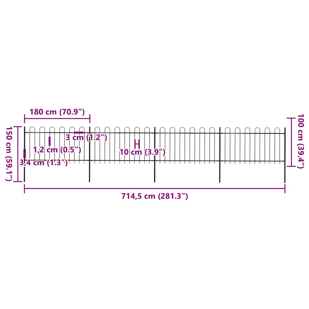 Vrtna ograda s obručem na vrhu Čelik 714,5 x 100 cm Crna