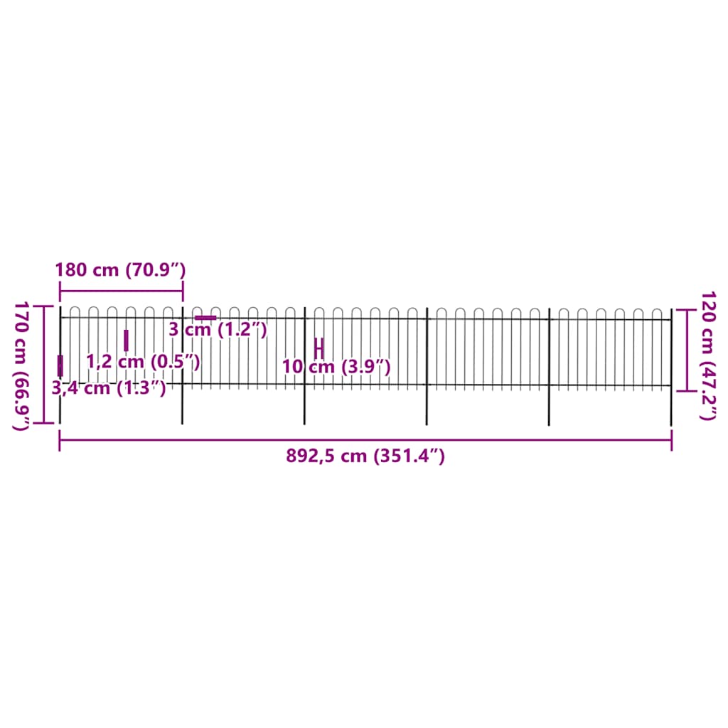 Vrtna ograda s ukrasnim lukovima čelična 8,5 x 1,2 m crna