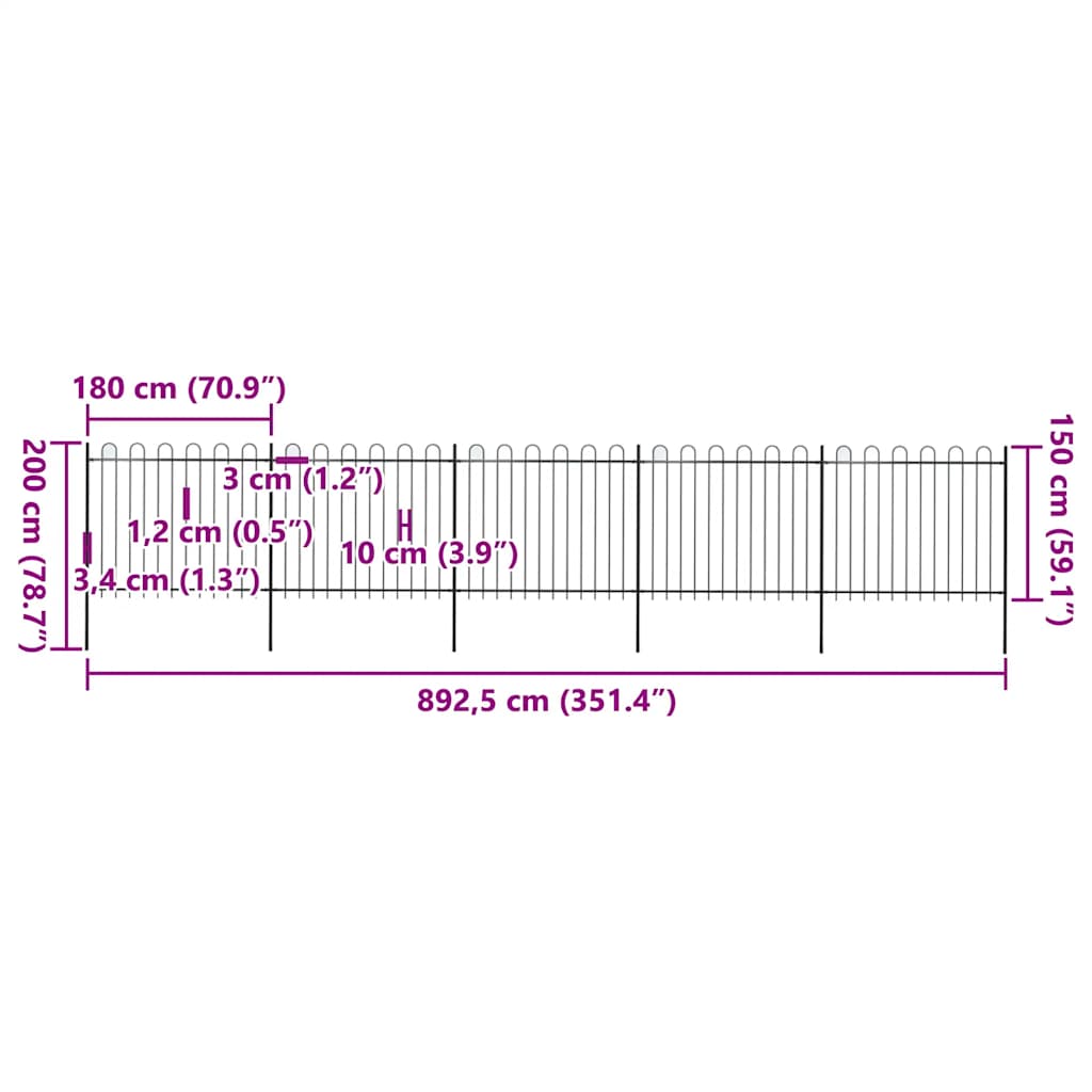 Vrtna ograda s obručem na vrhu Čelik 892,5 x 150 cm Crna