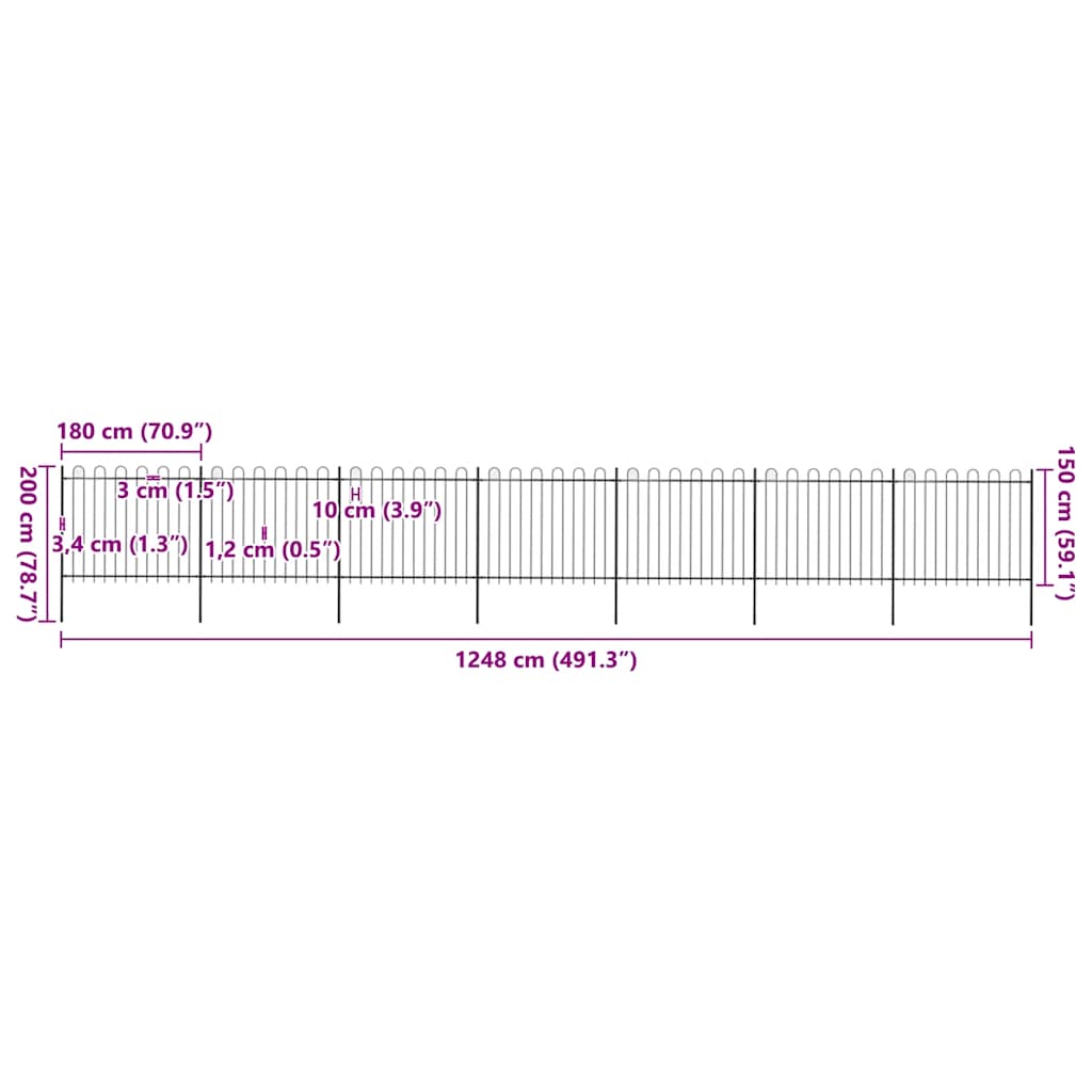 Vrtna ograda s obručem na vrhu Čelik 1248 x 150 cm Crna