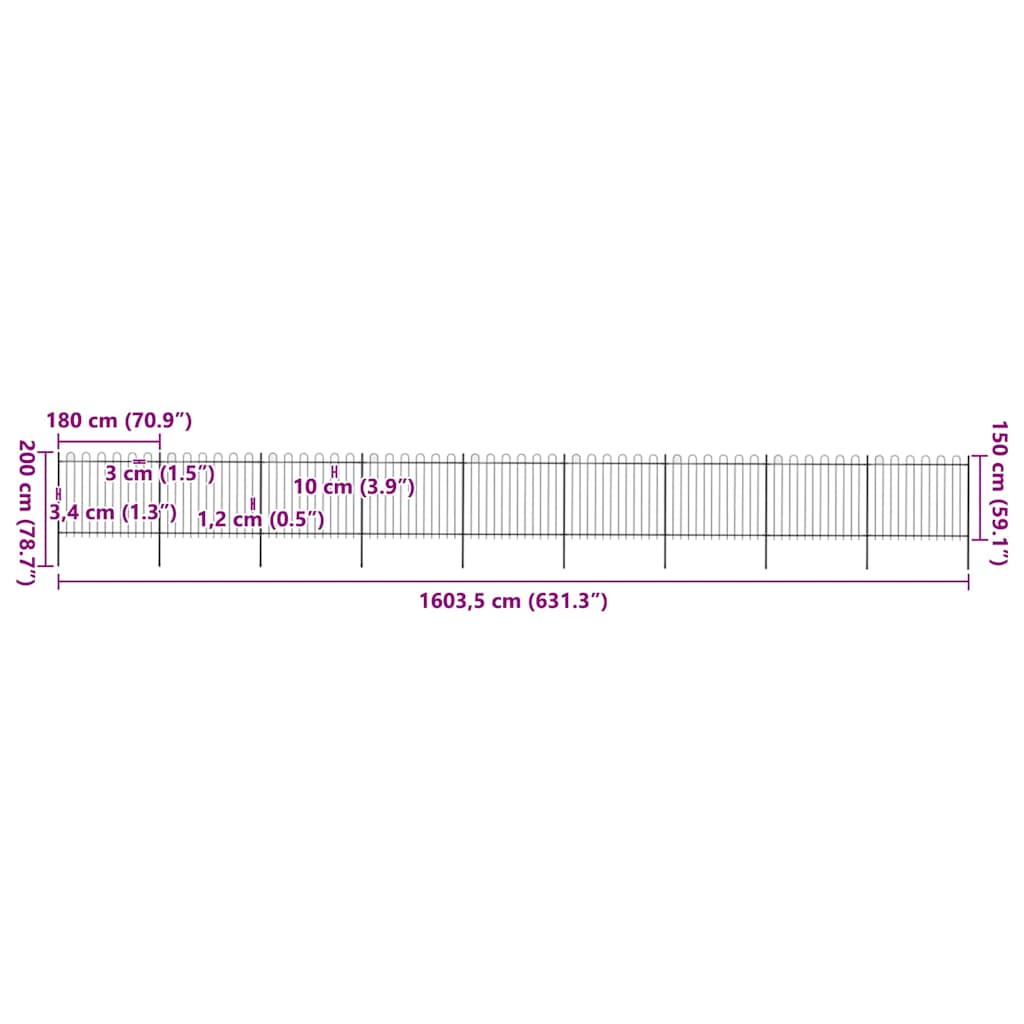 Vrtna ograda s obručem na vrhu Čelik 1603,5x150 cm Crna