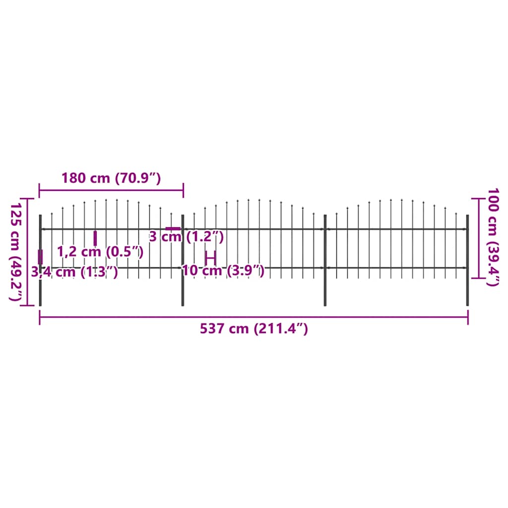 Vrtna ograda s vrhom koplja Čelik 537x125 cm Crna