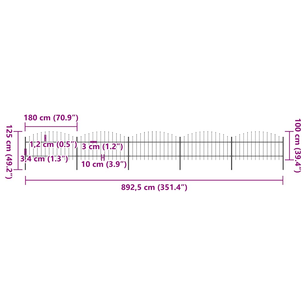 Vrtna ograda s vrhom koplja Čelik 892,5 x 125 cm Crna