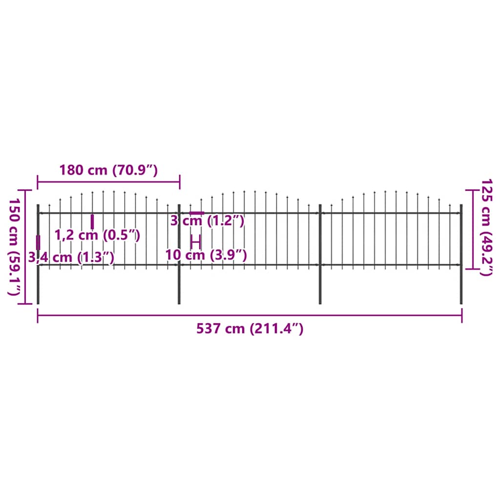 Vrtna ograda s vrhom koplja Čelik 537x150 cm Crna