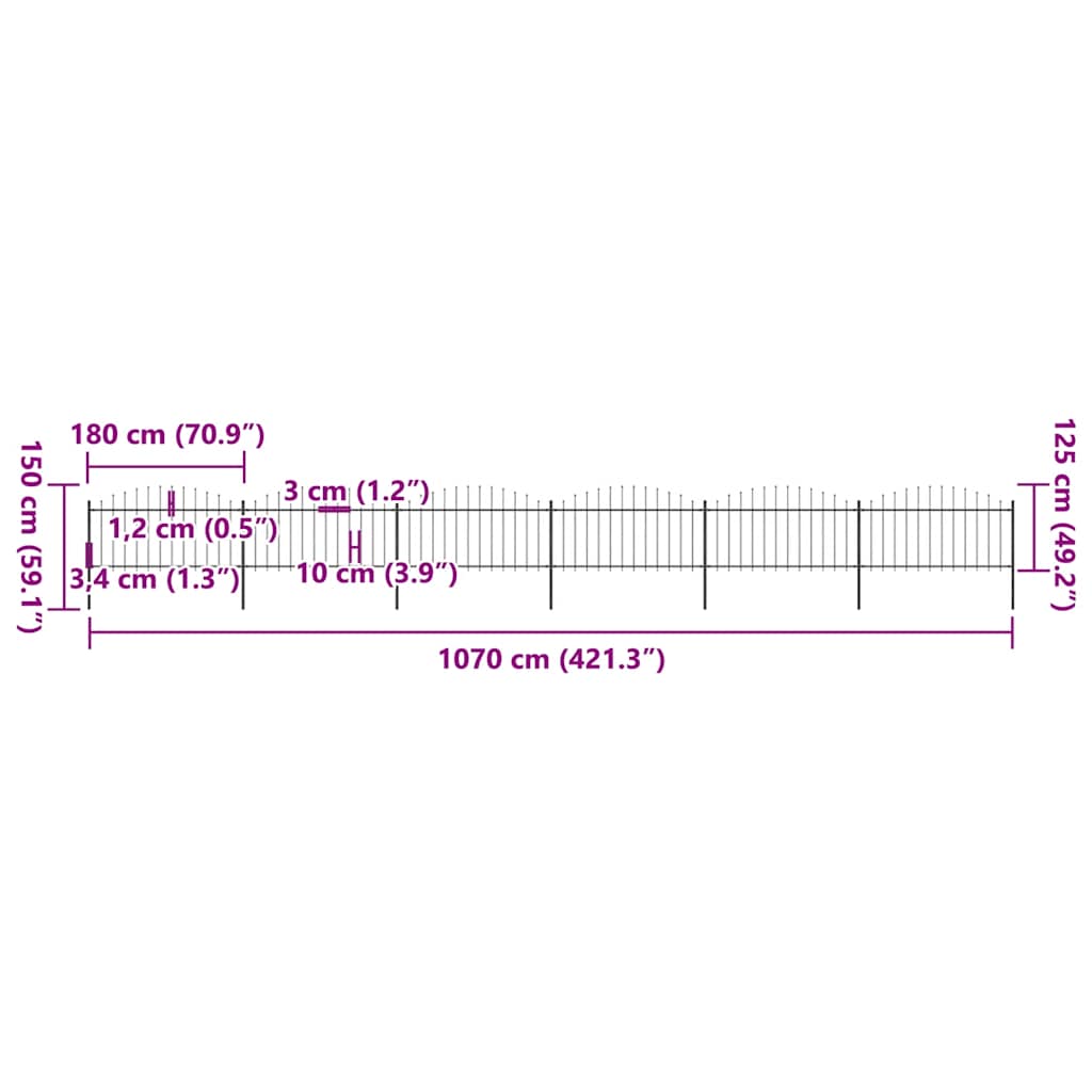Vrtna ograda s vrhom koplja Čelik 1070x150 cm Crna