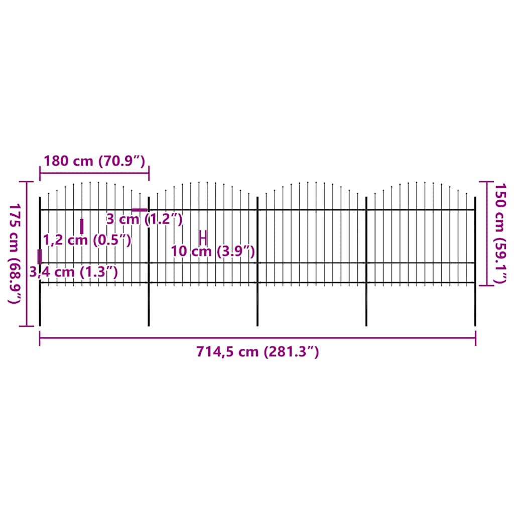 Vrtna ograda s vrhom koplja Čelik 714,5 x 175 cm Crna