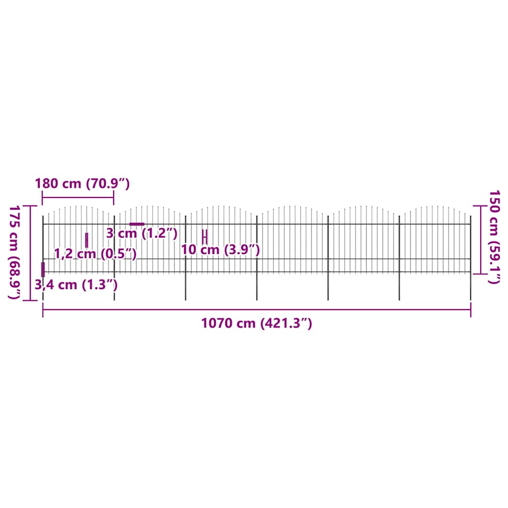 Vrtna ograda s vrhom koplja Čelik 1070x175 cm Crna