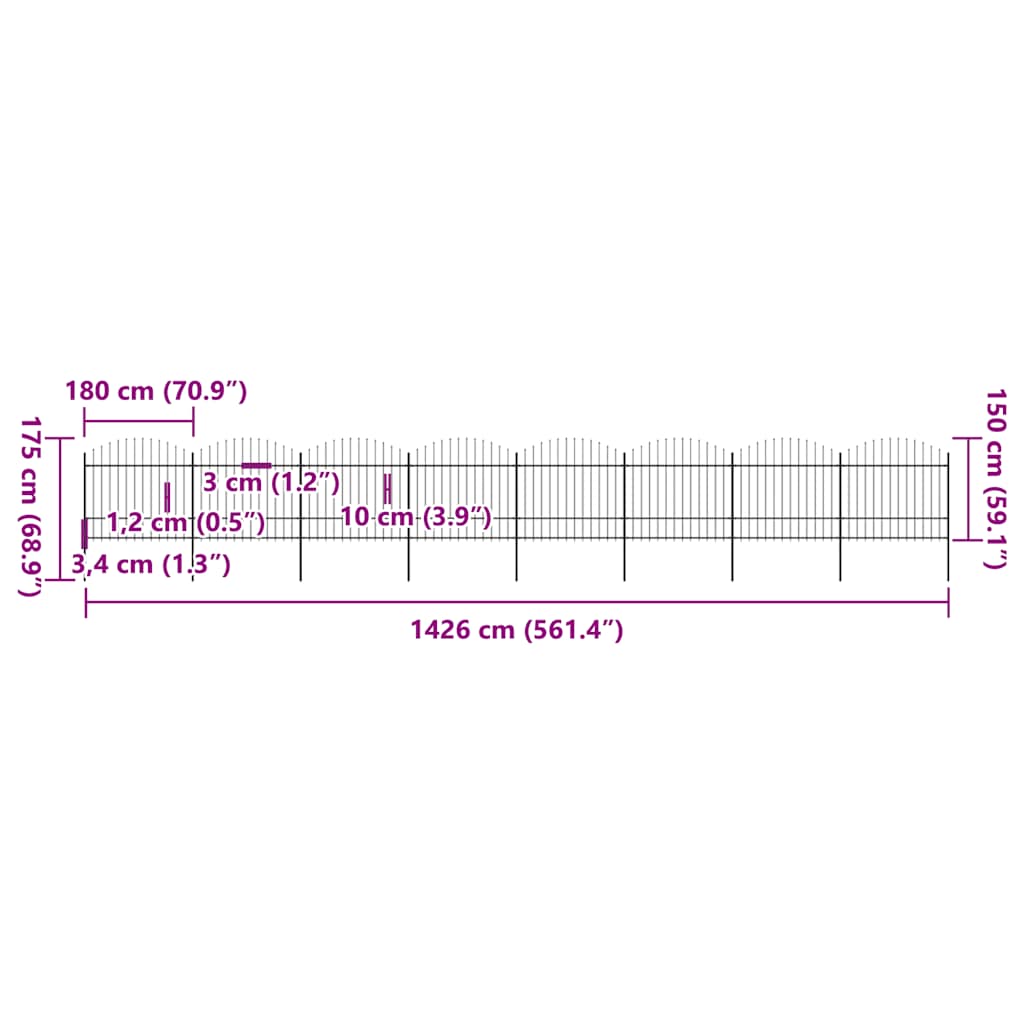 Vrtna ograda s vrhom koplja Čelik 1426x175 cm Crna