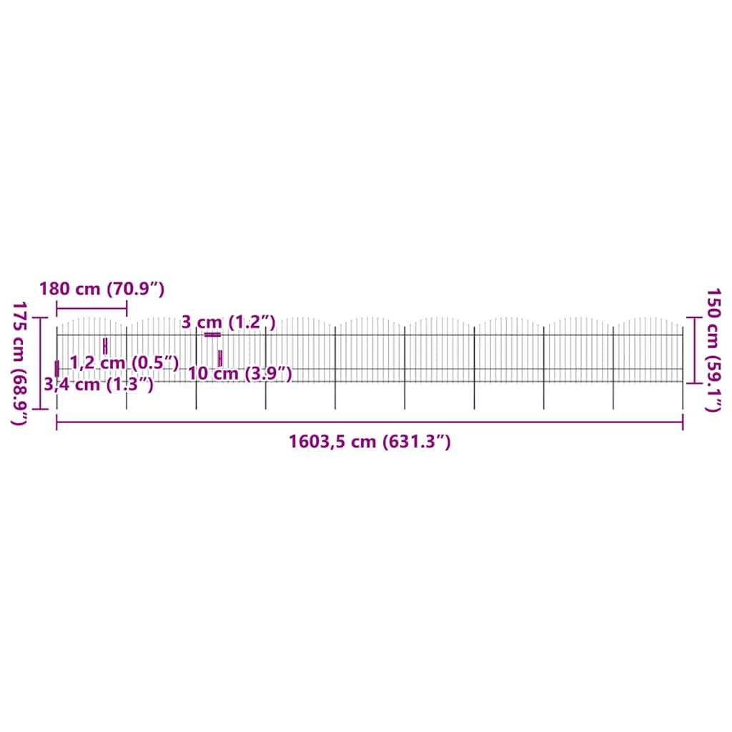Vrtna ograda s ukrasnim kopljima (1,5-1,75) x 15,3 m čelična crna