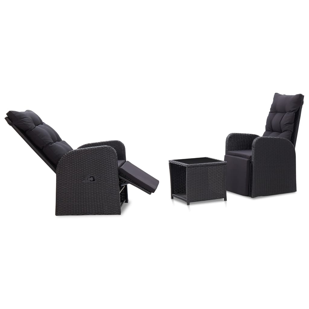 3-dijelni bistro set od poliratana s jastucima crni