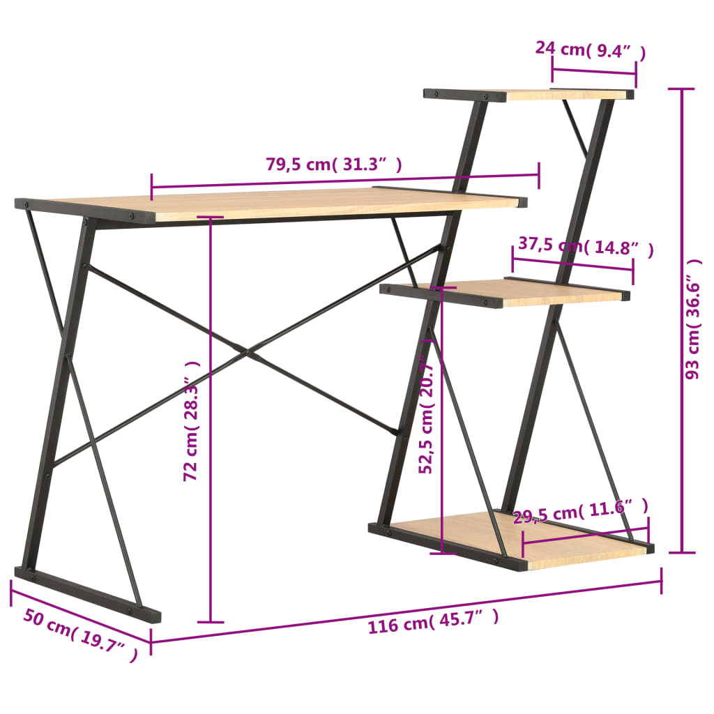 Radni stol s policom crni i boja hrasta 116 x 50 x 93 cm