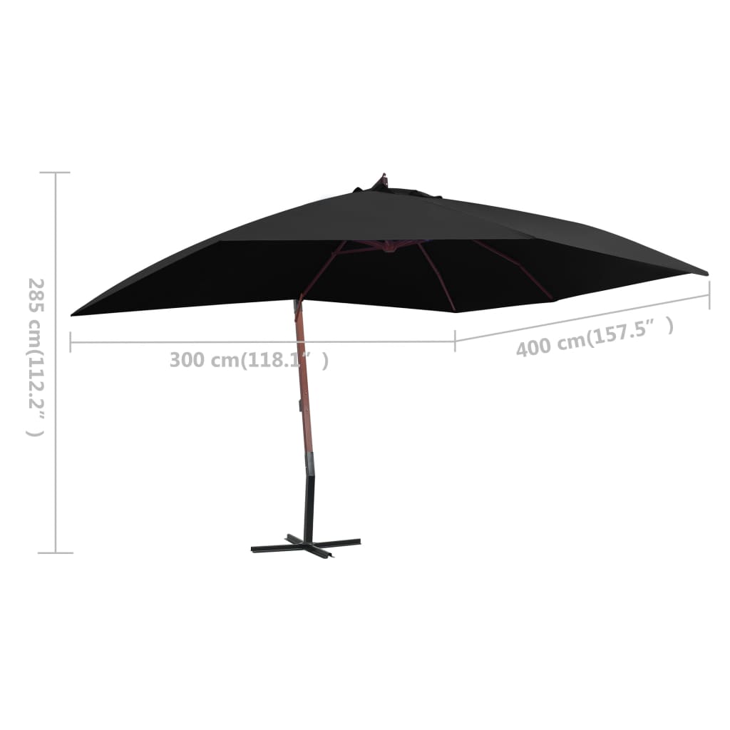 Viseći suncobran s drvenim stupom 400 x 300 cm crni