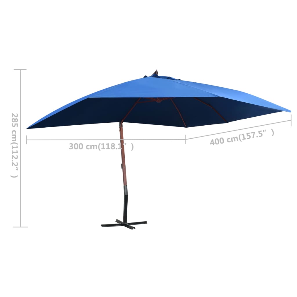 Viseći suncobran s drvenim stupom 400 x 300 cm plavi