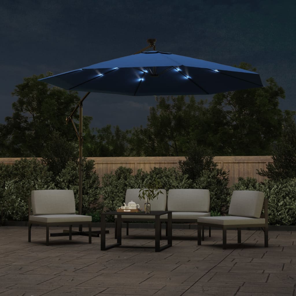 Konzolni vrtni suncobran LED s čeličnim stupom 300 cm azurni