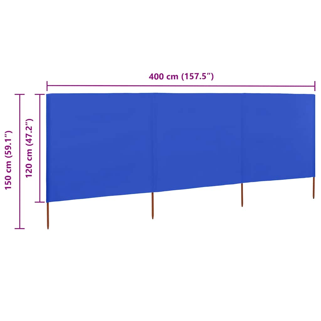 Vjetrobran s 3 panela od tkanine 400 x 120 cm azurno plavi