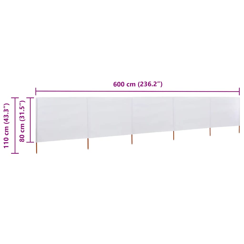 Vjetrobran s 5 panela od tkanine 600 x 80 cm pješčano bijeli