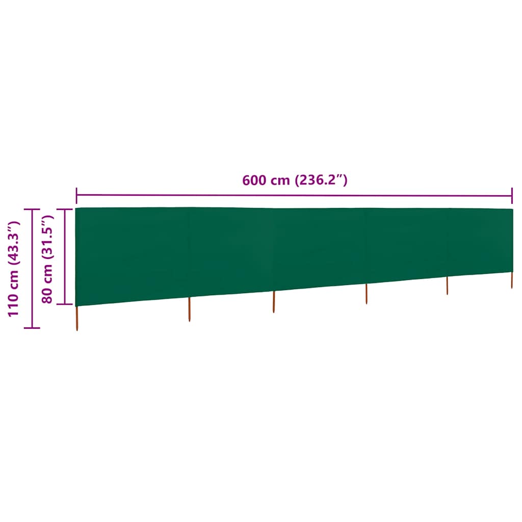 Vjetrobran s 5 panela od tkanine 600 x 80 cm zeleni