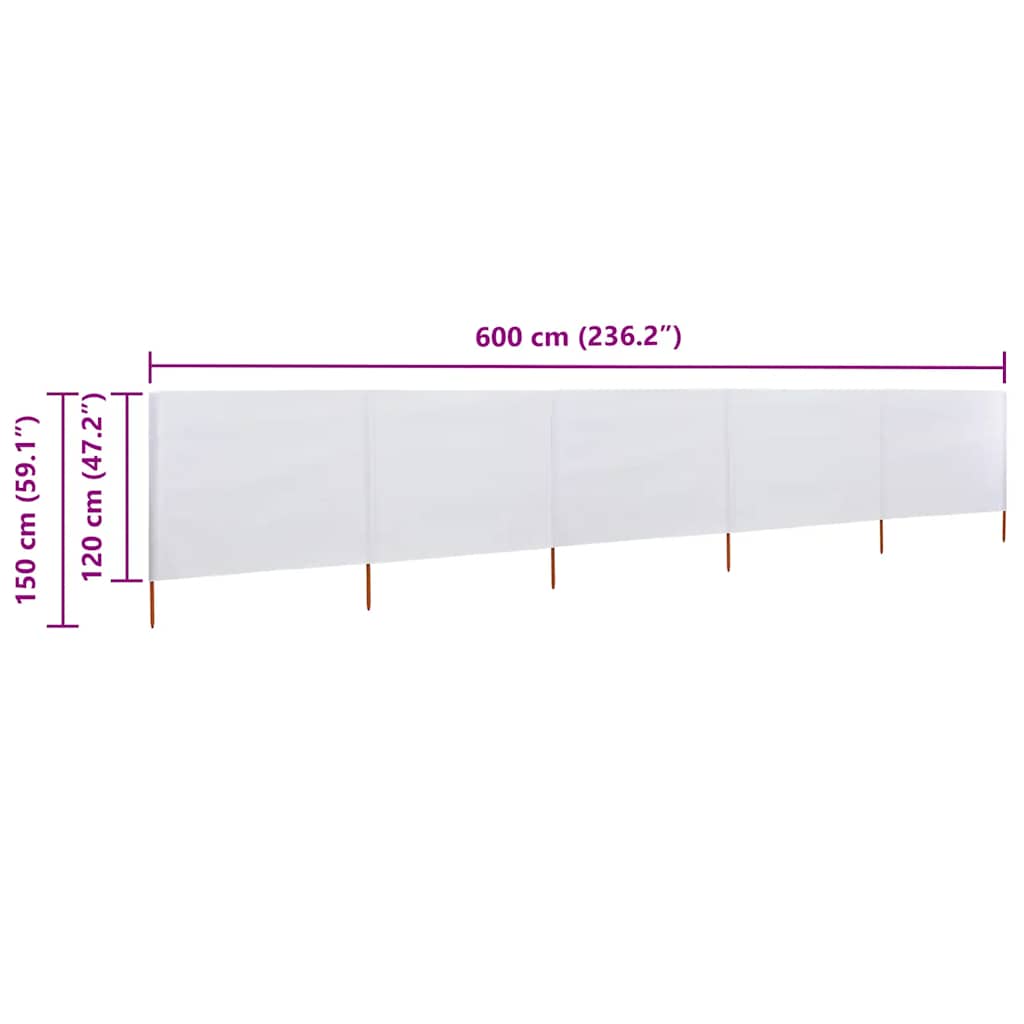 Vjetrobran s 5 panela od tkanine 600 x 120 cm pješčano bijeli