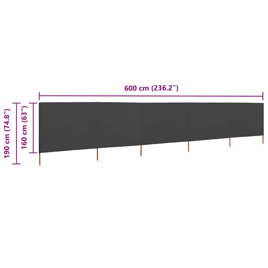Vjetrobran s 5 panela od tkanine 600 x 160 cm antracit