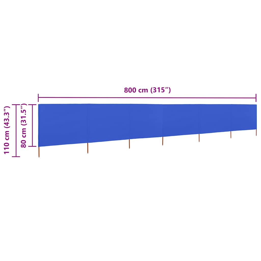 Vjetrobran sa 6 panela od tkanine 800 x 80 cm azurno plavi