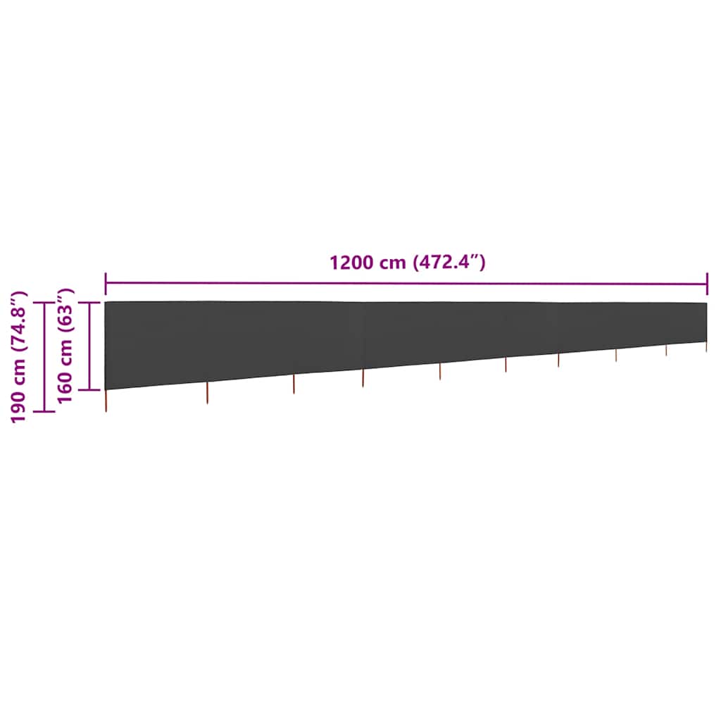 Vjetrobran s 9 panela od tkanine 1200 x 160 cm antracit