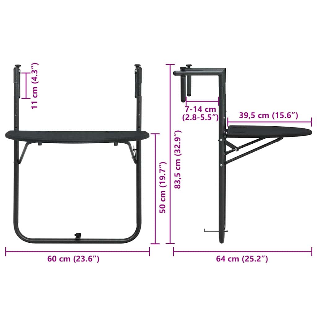 Viseći balkonski stol crni 60 x 64 x 83,5 cm plastični