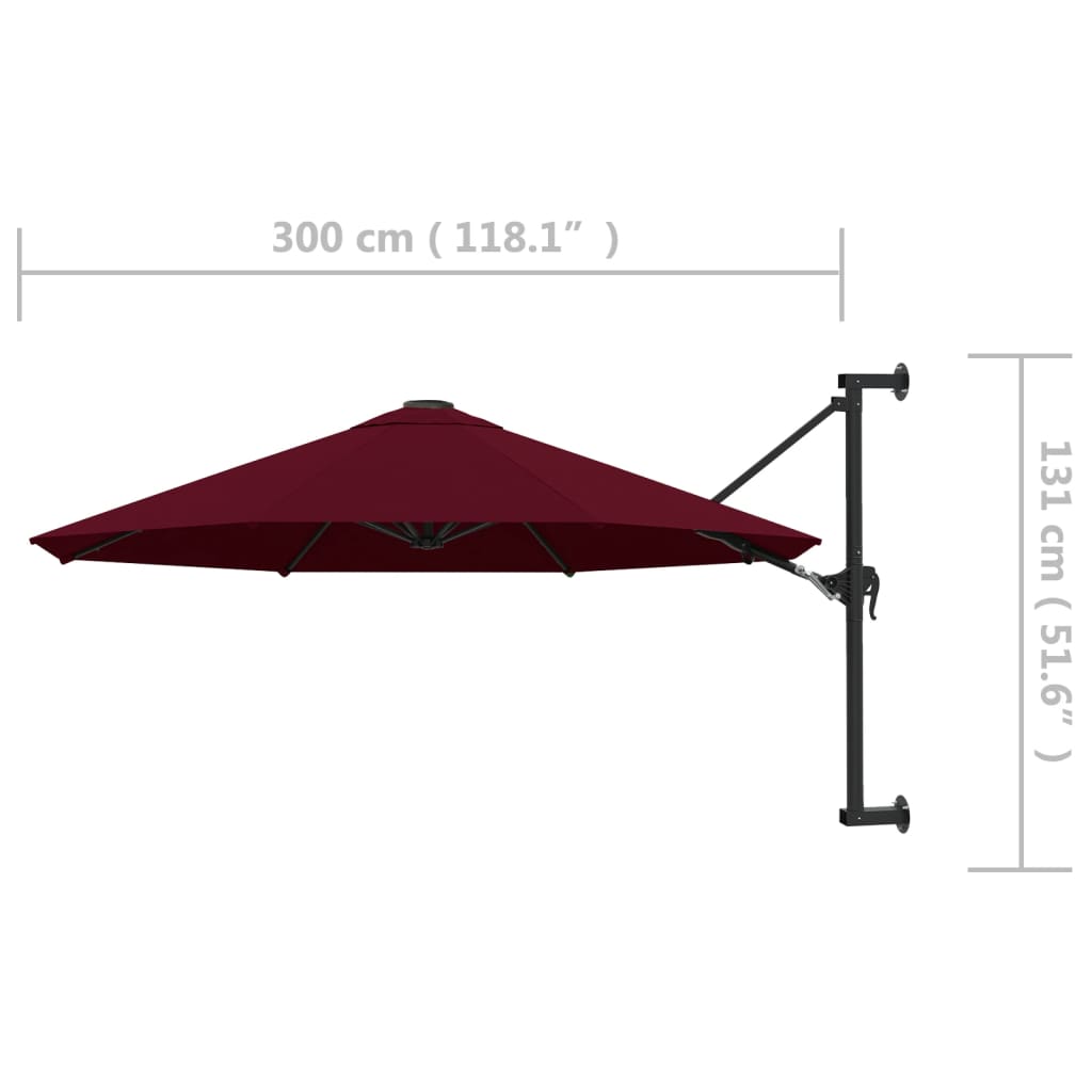 Zidni suncobran s metalnom šipkom 300 cm bordo
