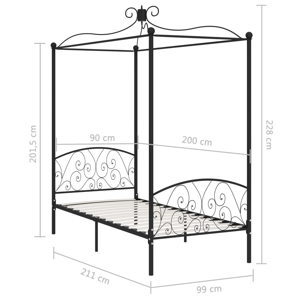 Okvir za krevet s nadstrešnicom crni metalni 90 x 200 cm