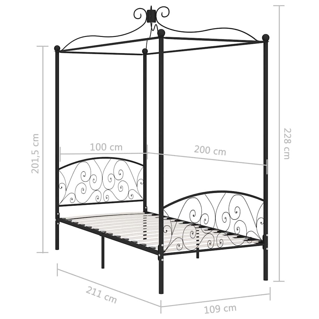 Okvir za krevet s nadstrešnicom crni metalni 100 x 200 cm