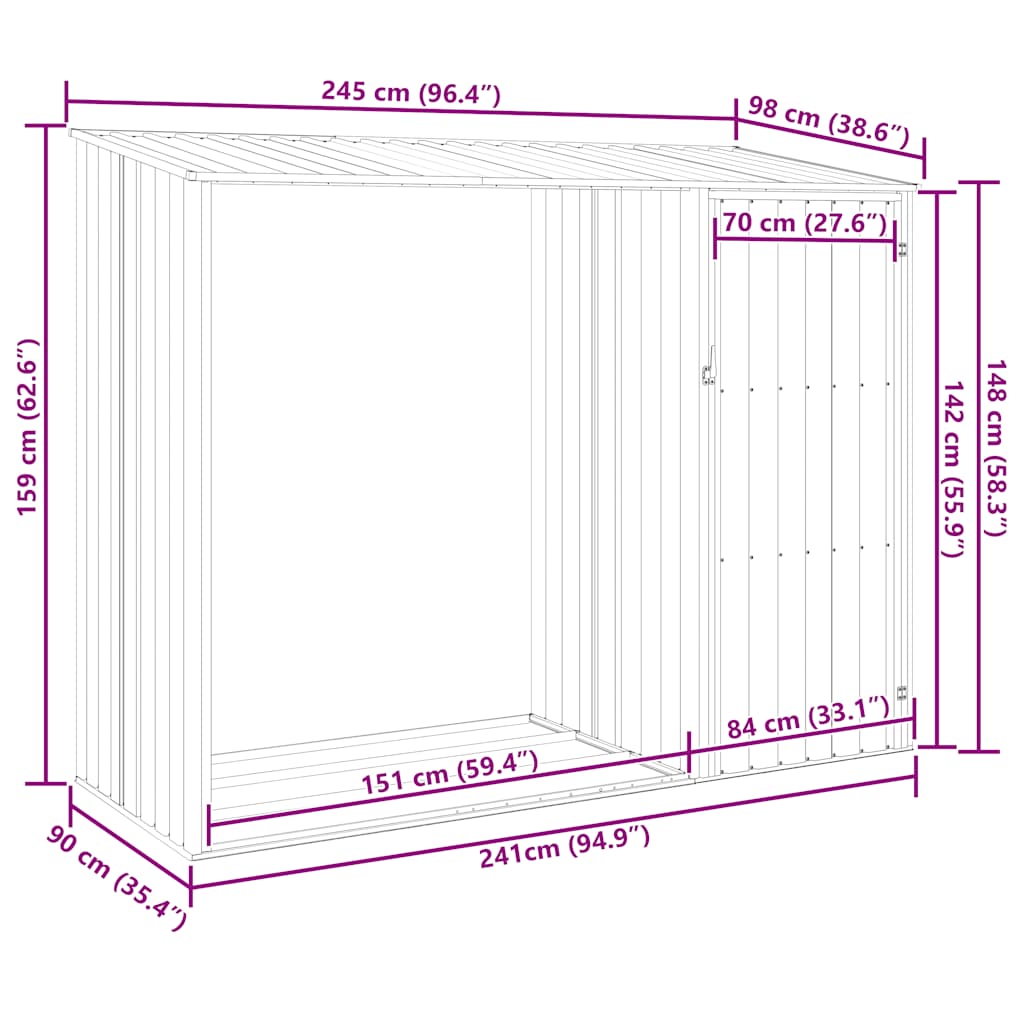 Vrtno spremište za drva zeleno 245x98x159 cm pocinčani čelik