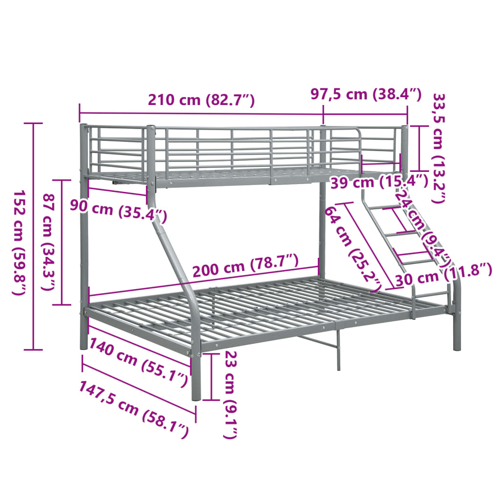 Okvir za krevet na kat sivi metalni 140 x 200 / 90 x 200 cm