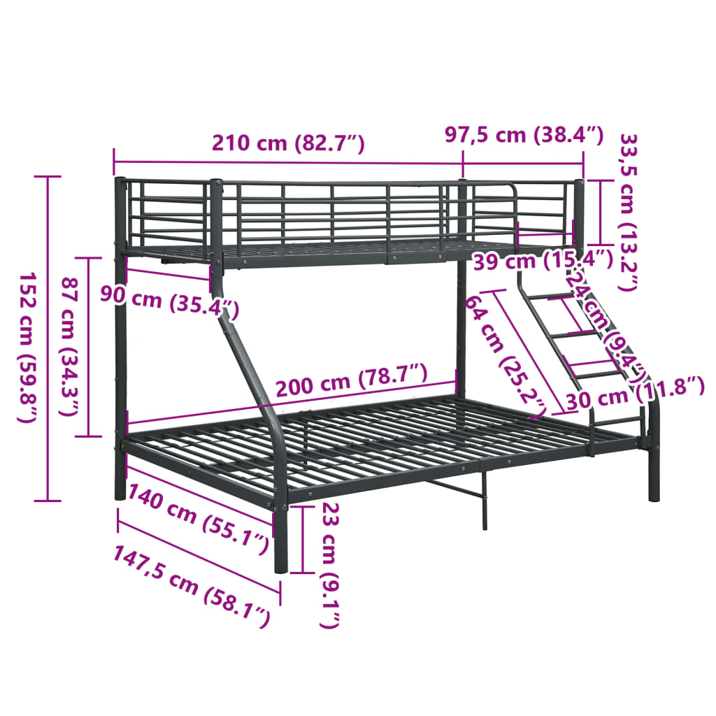Okvir za krevet na kat crni metalni 140 x 200 / 90 x 200 cm