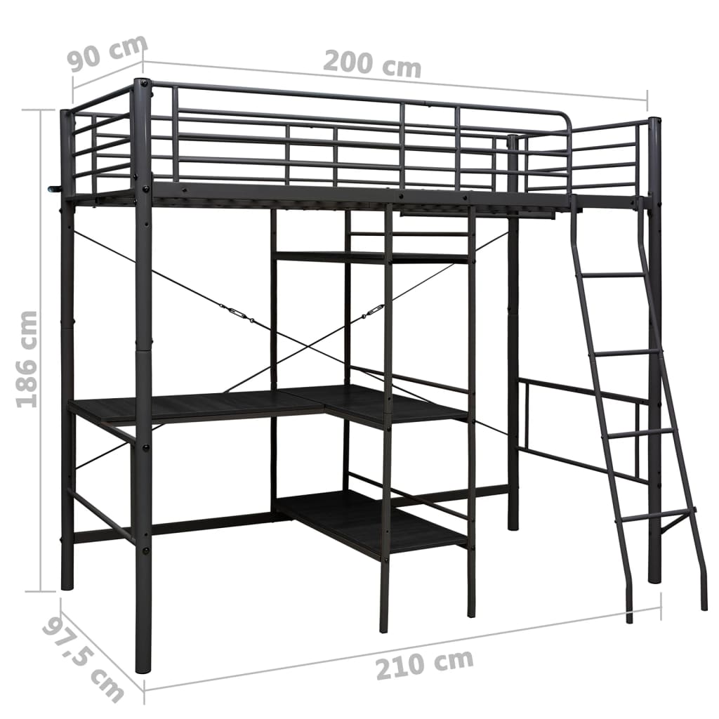 Krevet na kat sa stolićima u okviru crni metalni 90 x 200 cm