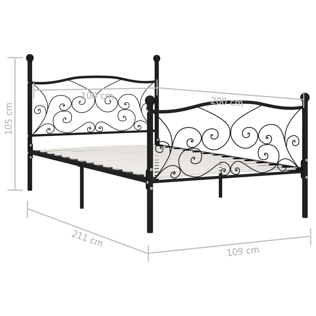 Okvir za krevet s podnicama crni metalni 100 x 200 cm
