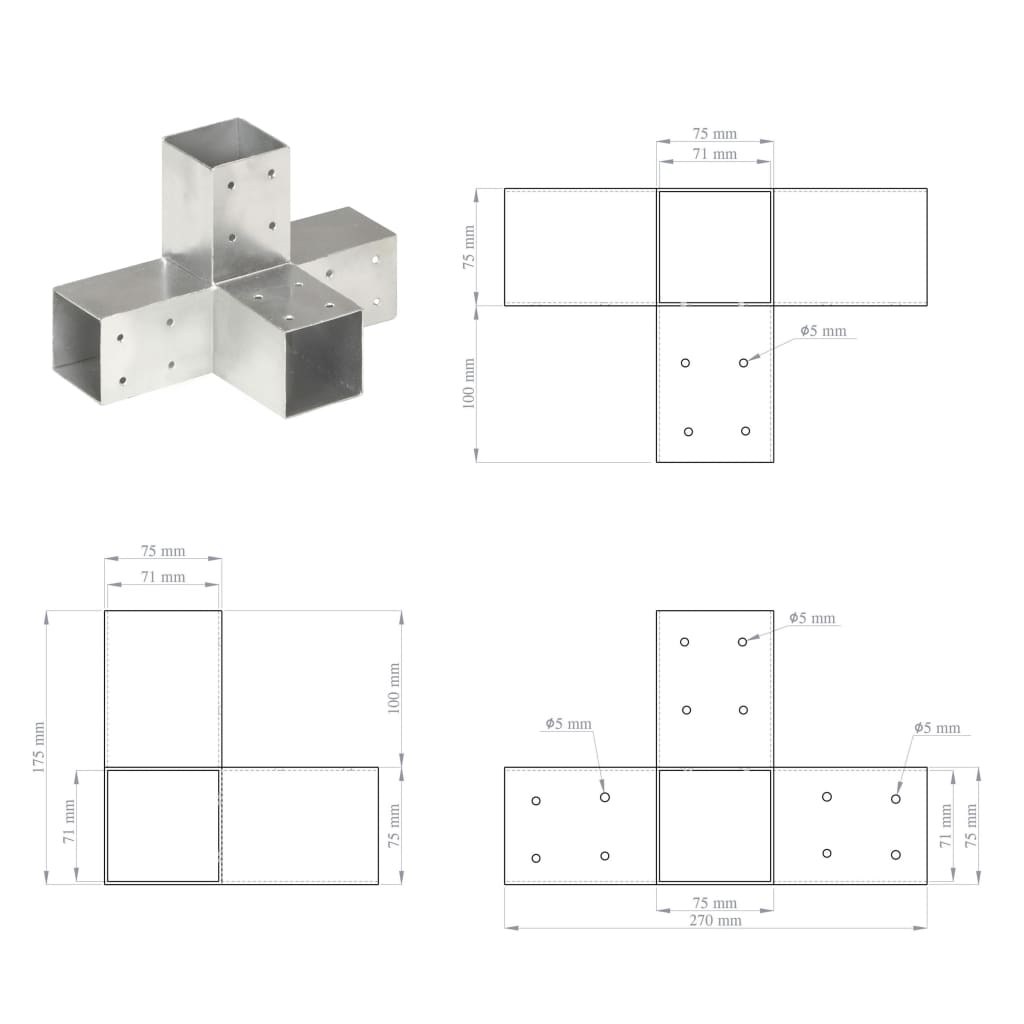 Spojnik za stupove u X-obliku od pocinčanog metala 71 x 71 mm