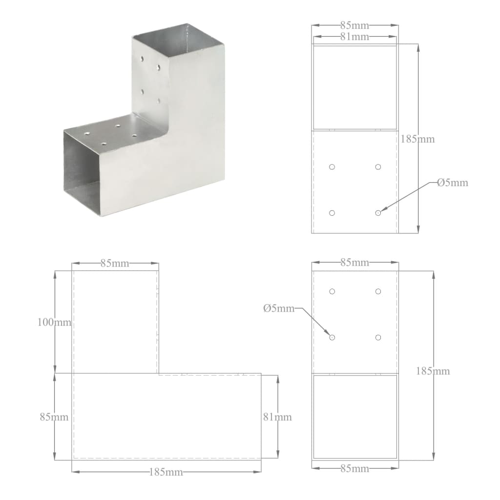 Spojnik za stupove u L-obliku od pocinčanog metala 81 x 81 mm