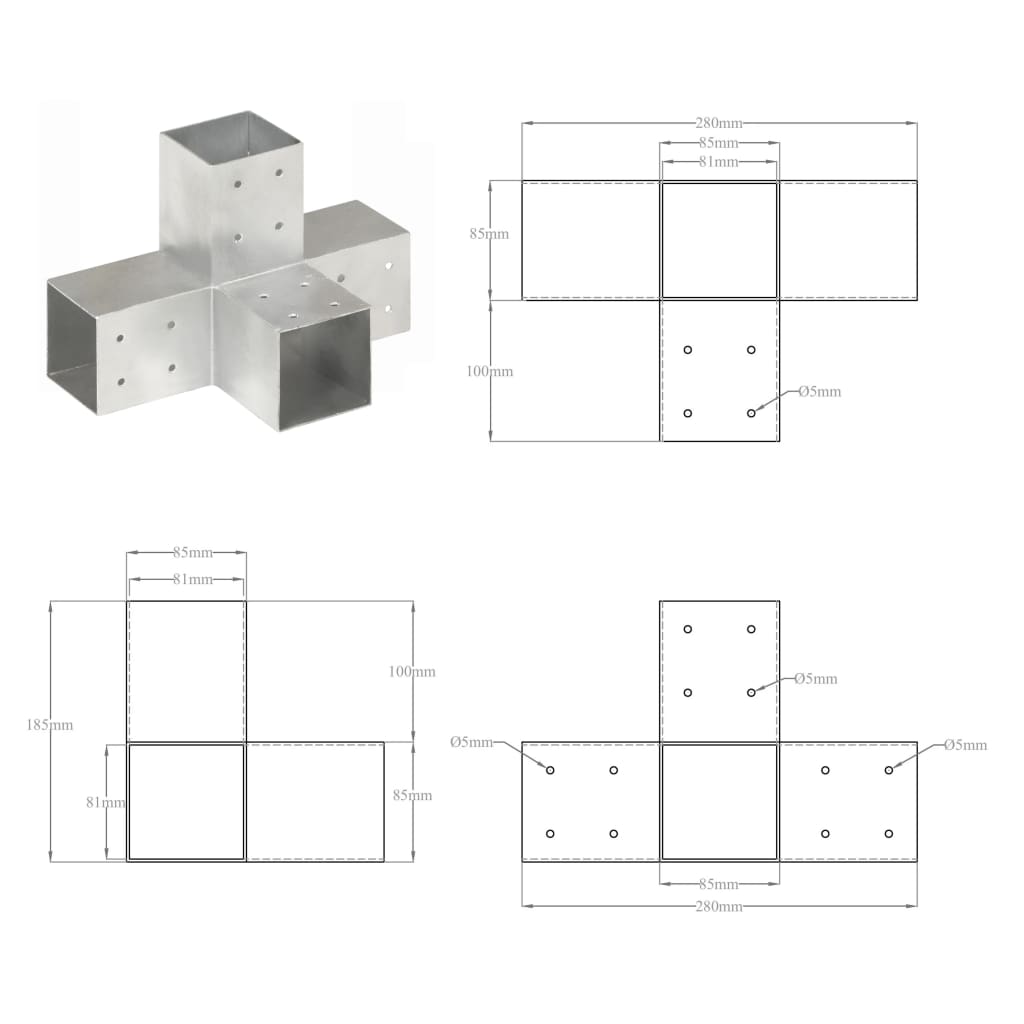 Spojnik za stupove u X-obliku od pocinčanog metala 81 x 81 mm