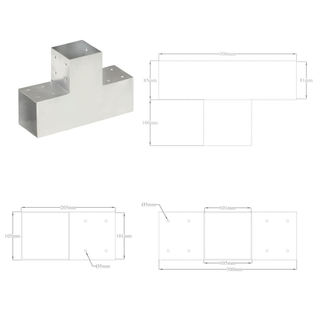 Spojnik za stupove u T-obliku od pocinčanog metala 101 x 101 mm