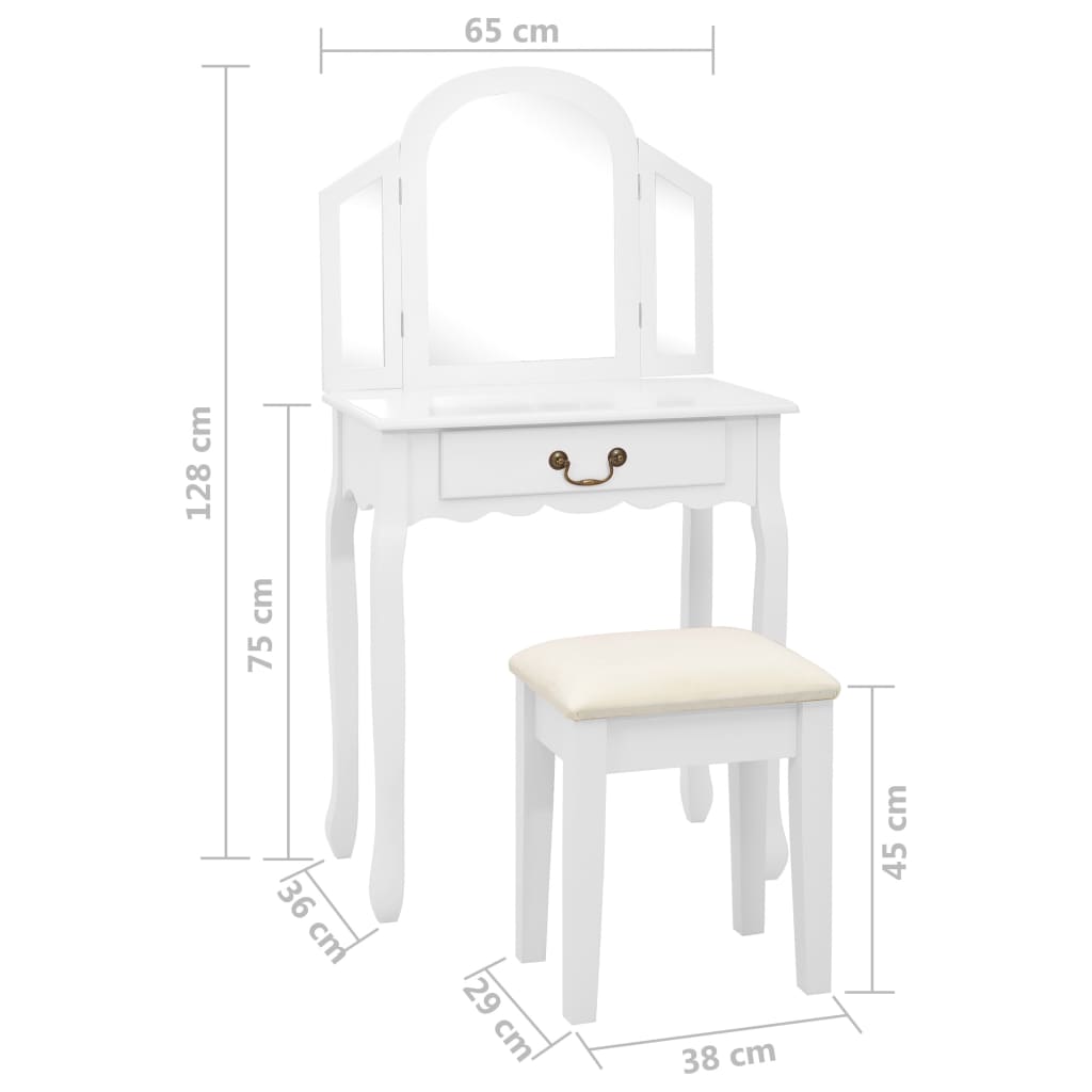 Toaletni stolić sa stolcem bijeli 65x36x128 cm paulovnija i MDF