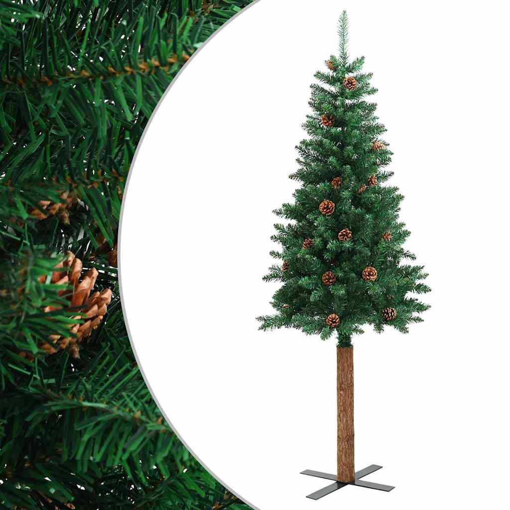 Tanko božićno drvce s pravim drvom i šiškama zeleno 150 cm PVC