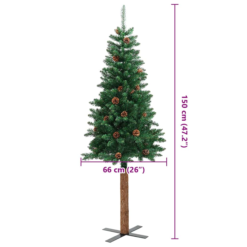 Tanko božićno drvce s pravim drvom i šiškama zeleno 150 cm PVC