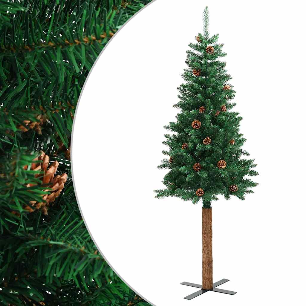 Tanko božićno drvce s pravim drvom i šiškama zeleno 180 cm PVC